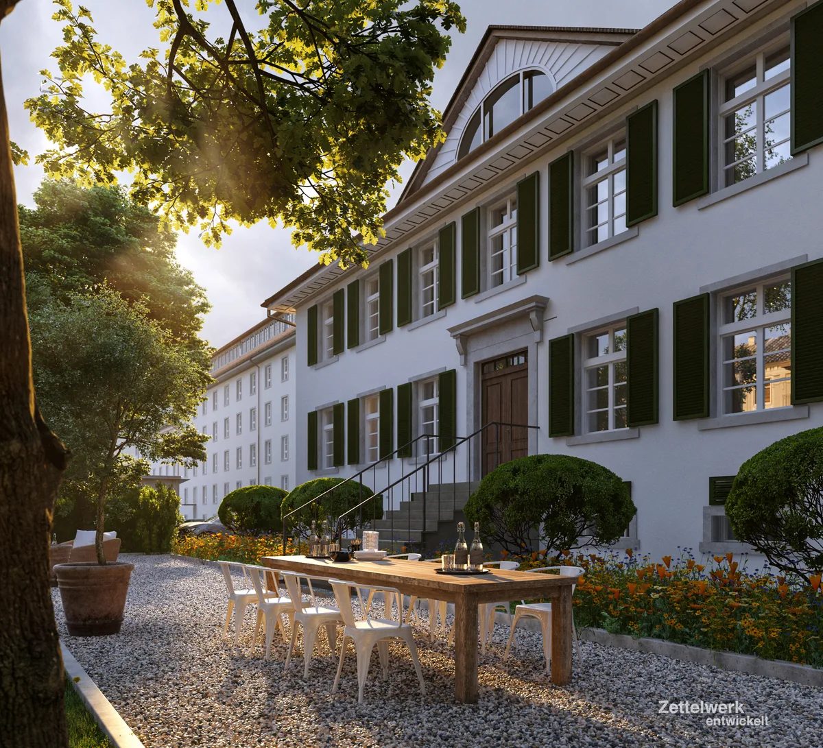 Man sieht eine Visualisierung der Fassade einer alten Fabrikantenvilla, die saniert worden ist.